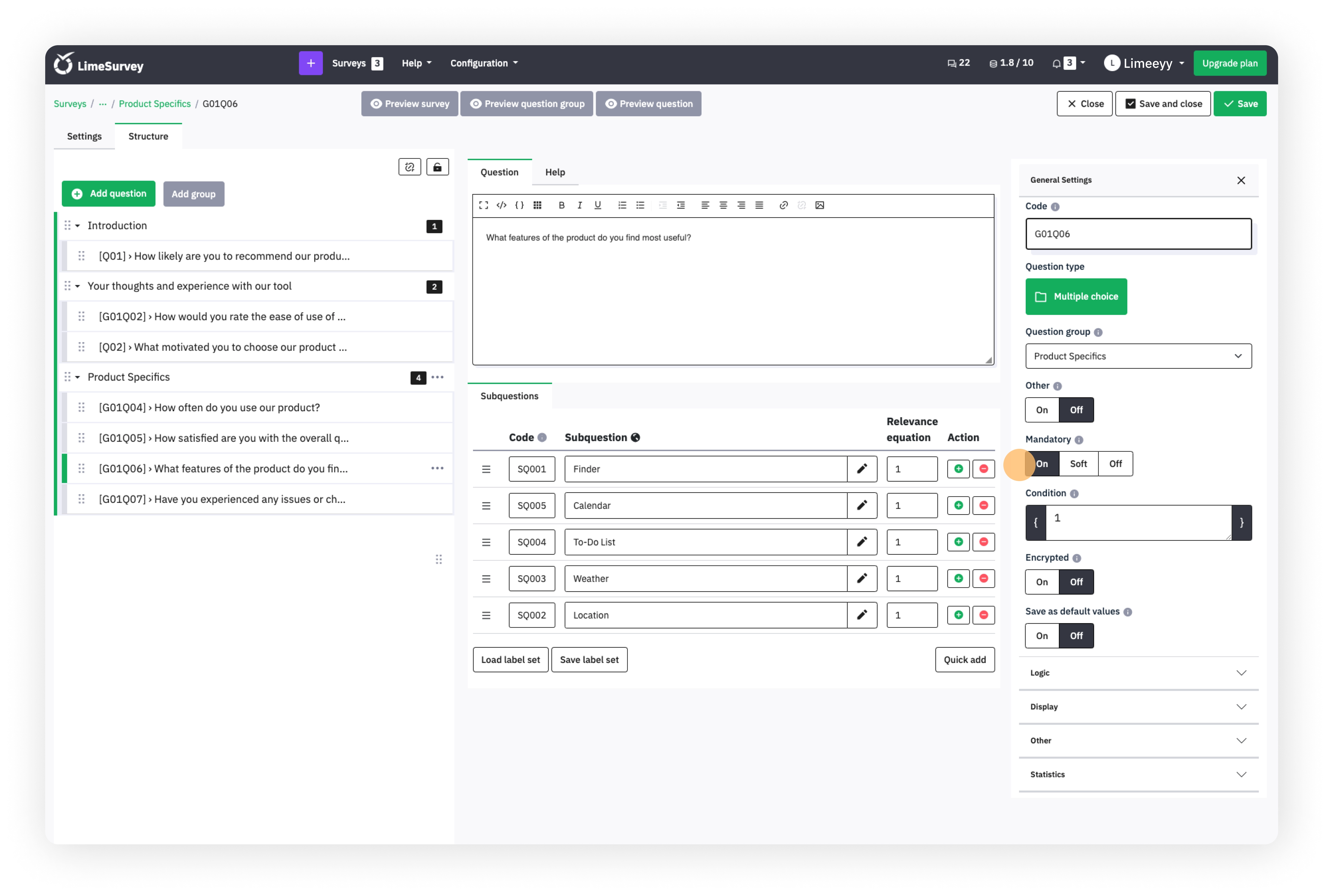 Make a question mandatory in LimeSurvey