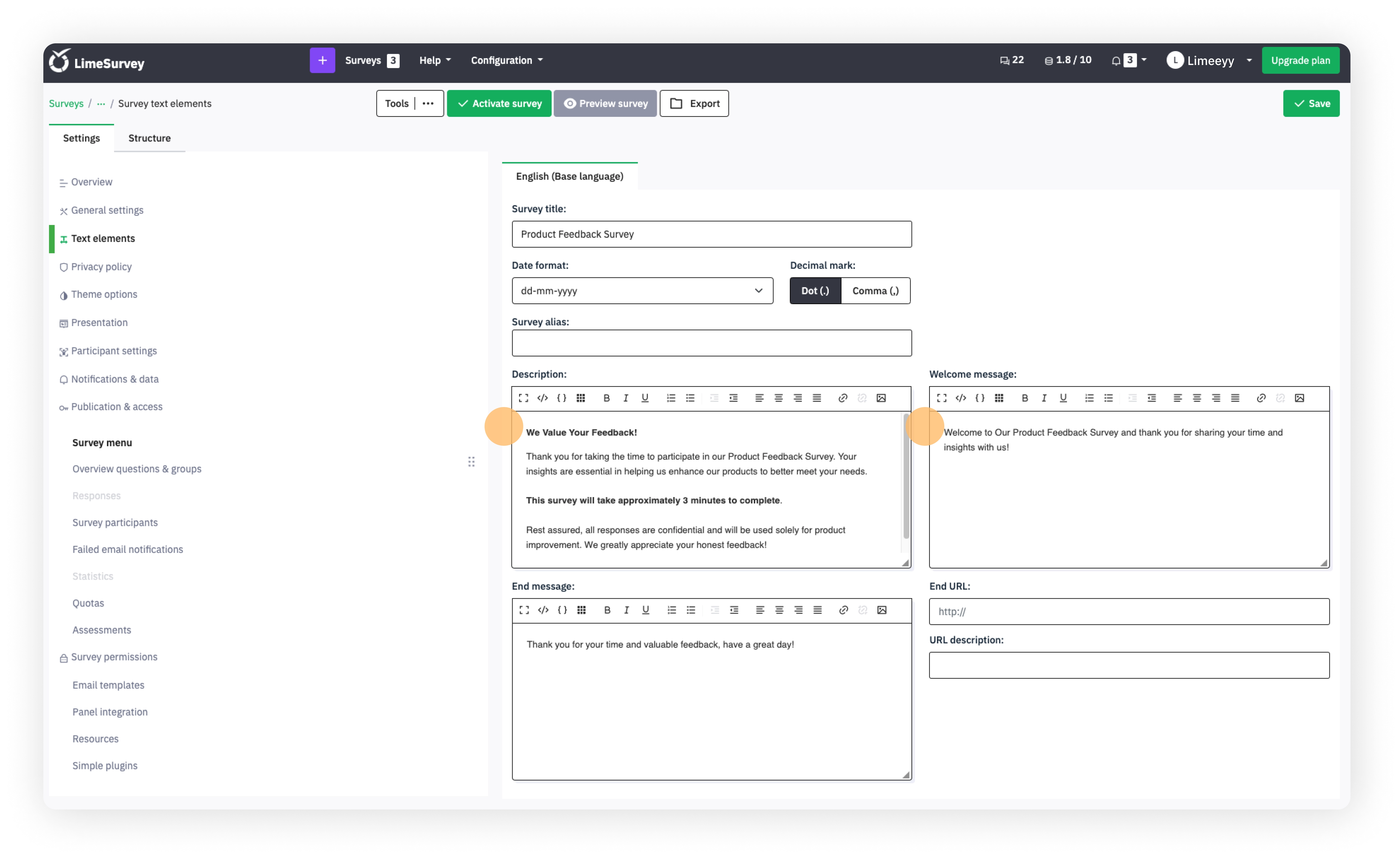 Welcome screen settings in LimeSurvey