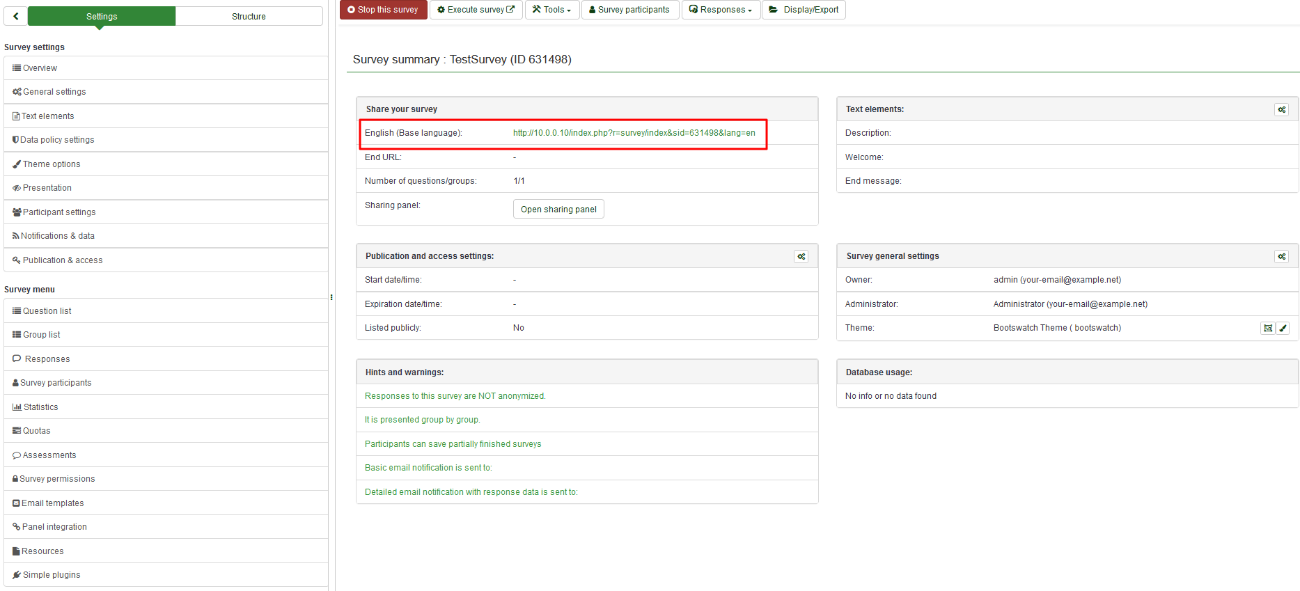 Activating a survey - LimeSurvey Manual